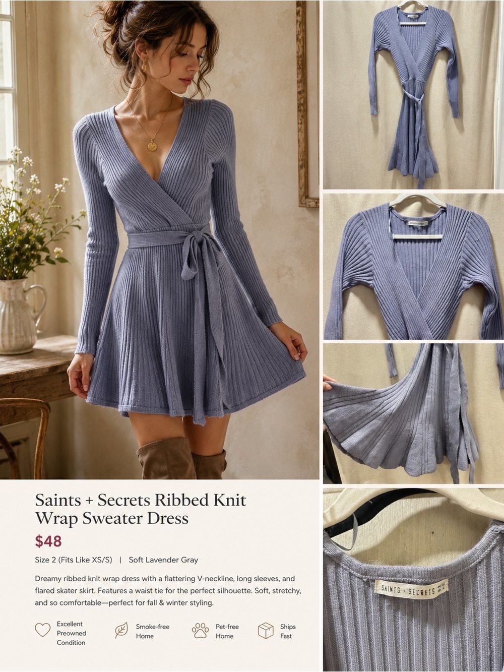 Saints + Secrets Ribbed Knit Wrap Sweater Dress
Size 2 (Fits Like XS/S)